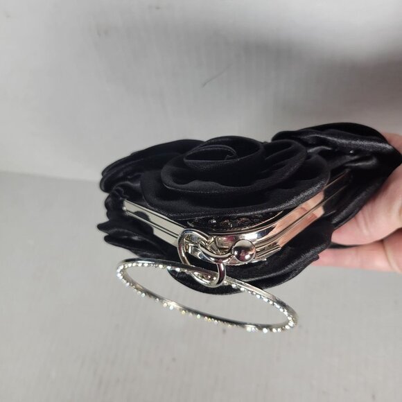 Black Satin Rose Classic Elegant Rhinestone Silver Handle Triangle Clutch Purse - Picture 3 of 8